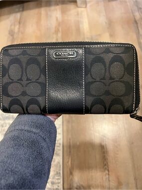 Coach Black Signature Canvas Zip Wallet with Leather Trim